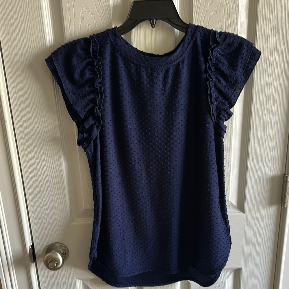 Crown & Ivy Blue Flutter Sleeve Blouse with Ruffled Design